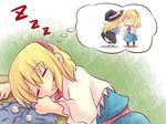  2girls :&lt; alice_margatroid blonde_hair blush bow dokuta dreaming dress hairband hat kirisame_marisa kiss long_hair multiple_girls open_mouth ribbon shawl short_hair sleeping touhou witch_hat yuri 