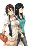  bag denim glasses handbag itsutsu jeans locked_arms long_hair multiple_girls original pants yuri 