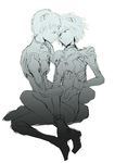  bodysuit eye_contact hand_on_shoulder holding holding_hands ikari_shinji looking_at_another male_focus matsuda65 monochrome multiple_boys nagisa_kaworu neon_genesis_evangelion plugsuit profile simple_background sitting sketch smile yaoi 