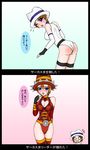  2girls ass bare_shoulders blue_eyes blush breasts capcom cleavage elbow_gloves female fingerless_gloves gloves god_hand hat leotard looking_back moai moaizmoai multiple_girls orange_hair short_hair thigh-highs thighhighs translation_request witch_hat 