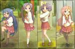  ahoge bad_hands bad_id bad_pixiv_id dancing error hiiragi_kagami hiiragi_tsukasa izumi_konata konkuri long_hair lucky_star mole mole_under_eye motteke!_serafuku multiple_girls one_eye_closed pantyhose purple_hair ryouou_school_uniform school_uniform serafuku short_hair takara_miyuki twintails 