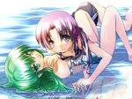  bad_id bad_pixiv_id bad_reflection breasts downblouse error girl_on_top green_eyes green_hair holding_hands interlocked_fingers long_hair lying multiple_girls nipple_slip nipples on_back one-piece_swimsuit original purple_hair reflection small_breasts smile swimsuit takase_muu 