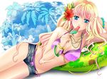  bad_id bad_pixiv_id bikini blonde_hair blue_eyes bracelet breasts cleavage denim denim_shorts flower food hair_flower hair_ornament hibiscus jewelry large_breasts layered_bikini long_hair macross macross_frontier necklace o-ring o-ring_bottom palm_tree popsicle sheryl_nome short_shorts shorts solo summer swimsuit tamari_(flawless) tree unbuttoned unzipped watermelon_bar 