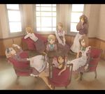  axis_powers_hetalia belarus_(hetalia) belgium_(hetalia) black_hair blonde_hair blue_eyes brown_hair chair green_eyes hair_ornament hairband highres hungary_(hetalia) kk-jj letterboxed liechtenstein_(hetalia) long_hair maid multiple_girls purple_hair ribbon seychelles_(hetalia) short_hair smile taiwan_(hetalia) twintails ukraine_(hetalia) window 