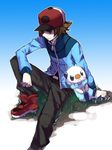  :&lt; bad_id bad_pixiv_id baseball_cap gen_5_pokemon hat male_focus obo oshawott pokemon pokemon_(creature) pokemon_(game) pokemon_bw sitting touya_(pokemon) 