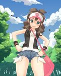  bag baseball_cap brown_hair cutoffs denim denim_shorts exposed_pocket gen_1_pokemon hands_on_hips hat ichirou_(b-led) pidgeotto pikachu pokemon pokemon_(creature) pokemon_(game) pokemon_bw ponytail short_shorts shorts touko_(pokemon) vest wristband 