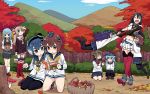  6+girls akatsuki_(kantai_collection) amatsukaze_(kantai_collection) anchor_symbol ascot autumn_leaves bangs basket black_gloves black_hair black_legwear black_skirt blue_eyes blue_hair blunt_bangs book brown_dress brown_eyes brown_hair closed_eyes dress elbow_gloves eyes_closed fang fingerless_gloves flat_cap folded_ponytail forest garter_straps gloves gradient_hair hair_ornament hair_tubes hairband hairclip hat hatsukaze_(kantai_collection) headgear hibiki_(kantai_collection) highres hime_cut ikazuchi_(kantai_collection) inazuma_(kantai_collection) kantai_collection kneeling light_brown_hair loafers long_hair long_sleeves mini_hat miniskirt mountain multicolored_hair multiple_girls mushroom nagato_(kantai_collection) nature neckerchief open_mouth pantyhose pleated_skirt pointing sailor_collar sailor_dress school_uniform serafuku shoes short_dress short_hair short_hair_with_long_locks skirt speaking_tube_headset squatting striped striped_legwear thighhighs tokitsukaze_(kantai_collection) tonmoh tree two_side_up vest white_gloves yellow_eyes yellow_neckwear yukikaze_(kantai_collection) 