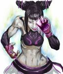  aura bad_id bad_pixiv_id bare_shoulders belt black_hair detached_sleeves drill_hair dudou fingerless_gloves gloves glowing glowing_eye halter_top halterneck han_juri hidesuke midriff navel purple_eyes solo street_fighter street_fighter_iv_(series) tongue twin_drills 