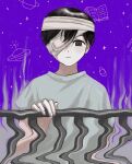  1boy antenna_hair bandage_over_one_eye bandages black_eyes black_hair blue_shirt closed_mouth fence hair_between_eyes highres imminent_suicide official_alternate_costume omori one_eye_covered purple_sky renshu_usodayo shirt short_hair short_sleeves sky space spoilers sunny_(omori) 
