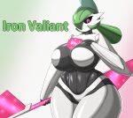 absurd_res big_breasts black_body black_sclera breasts da_ra_ra_ra eyelashes female future_pokemon generation_9_pokemon green_background green_hair hair hand_on_chest hi_res holding_object holding_weapon huge_breasts humanoid iron_valiant looking_at_viewer machine nintendo paradox_pokemon pink_background pink_eyes pokemon pokemon_(species) robot robot_humanoid simple_background solo text thick_thighs weapon white_background white_body wide_hips