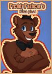 2023 absurd_res anthro bear blue_background blue_eyes bow_tie brown_body brown_fur clothing crossed_arms digital_drawing_(artwork) digital_media_(artwork) english_text five_nights_at_freddy&#039;s freddy_(fnaf) fur hat headgear headwear hi_res looking_at_viewer male mammal mandyfoxy multicolored_body multicolored_fur poster scottgames simple_background smile snout solo teeth text top_hat two_tone_body two_tone_fur