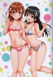  2girls absurdres bare_shoulders bikini black_hair blush breasts brown_eyes brown_hair closed_mouth collarbone hair_ornament hand_up highres isshi_pyuma long_hair looking_at_viewer medium_hair misaka_mikoto multiple_girls navel open_mouth polka_dot polka_dot_background saten_ruiko side-tie_bikini_bottom small_breasts stomach swimsuit thighs toaru_kagaku_no_railgun toaru_majutsu_no_index v 