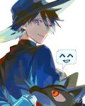  1boy blue_eyes blue_hair blue_headwear commentary_request hat lucario male_focus open_mouth pokemon pokemon_(creature) pokemon_dppt red_eyes riley_(pokemon) senzzang simple_background smile spoken_expression white_background 