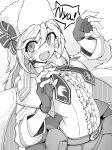  1girl absurdres belt belt_pouch claw_pose drawn_whiskers fingerless_gloves fur_hat girls&#039;_frontline gloves hat hat_ribbon highres long_hair looking_at_viewer minami_shin_(zenshuu_bougyo) monochrome nagant_revolver_(girls&#039;_frontline) nyan open_mouth pouch ribbon solo speech_bubble teeth upper_body upper_teeth_only 