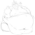 anthro belly belly_overhang big_belly black_and_white blush bovid caprine clothed clothing directional_arrow double_chin english_text eyes_closed fat_rolls fur gesture goat hand_on_belly hat headgear headwear hi_res horn love_handles male mammal monochrome moobs navel obese obese_anthro obese_male overweight overweight_anthro overweight_male party_hat smile smolsnuff solo standing text waving wide_hips wiishyishii