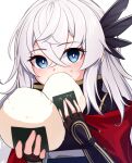  1girl blue_eyes bright_pupils eating fate/grand_order fate_(series) feather_hair_ornament feathers fingerless_gloves food food_on_face gloves grey_hair hair_ornament highres long_hair onigiri rice rice_on_face saika_magoichi_(fate) sakuraike white_background white_pupils 