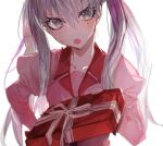  1girl :o blush box box_of_chocolates breasts chocolate collarbone collared_shirt dress_shirt eyelashes food gift gift_box gift_wrapping grey_eyes grey_hair hair_between_eyes hand_on_own_hip head_tilt highres holding holding_box holding_chocolate holding_food holding_gift incoming_gift long_hair long_sleeves looking_at_viewer monogatari_(series) naoetsu_high_school_uniform oikura_sodachi open_mouth owarimonogatari pink_shirt puffy_sleeves reaching reaching_towards_viewer school_uniform shirt simple_background small_breasts solo sweatdrop tbrsnsk tsundere twintails upper_body v-shaped_eyebrows valentine white_background 