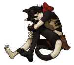  1girl :3 animal_ears armor barefoot black_fur black_hair body_fur bow bracer brown_vest cat_ears cat_girl cat_tail dungeon_meshi from_side full_body furry furry_female green_eyes highres hugging_own_legs izutsumi knee_up leather_armor loincloth looking_at_viewer ma2_ereki multicolored_fur red_bow red_scarf scarf short_hair simple_background sitting slit_pupils smile solo tail vest white_background white_fur 