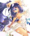  1girl animal_ears arm_up armpits bare_shoulders black_hair blue_nails blush breasts cherry_blossoms cleavage closed_mouth commentary_request dark-skinned_female dark_skin dress ear_covers gem gold_bracelet gold_necklace hair_between_eyes highres hishi_amazon_(hungry_veil)_(umamusume) hishi_amazon_(umamusume) horse_ears horse_girl ibispaint_(medium) jewelry kr_gm long_hair medium_breasts necklace nontraditional_wedding_dress official_alternate_costume ponytail red_eyes simple_background smile solo umamusume upper_body very_long_hair wedding_dress white_background white_dress 
