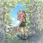  1boy 1girl arm_tattoo blonde_hair braid braided_ponytail carrying cloud conis_(one_piece) dated dress facial_tattoo happy_birthday highres looking_at_another muscular muscular_male on_tree one_piece pink_dress profile shina_(ooo417ooo) sky smile tattoo topless_male tree wings wyper_(one_piece) 