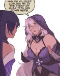  2girls acheron_(honkai:_star_rail) bare_shoulders black_swan_(honkai:_star_rail) bone_nausea breasts cleavage commentary highres honkai:_star_rail honkai_(series) long_hair medium_breasts multiple_girls parted_lips purple_hair simple_background speech_bubble upper_body veil very_long_hair white_background yellow_eyes 