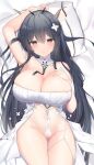  1girl arm_strap arm_up armpits azur_lane bare_shoulders black_hair blush breasts cleavage closed_mouth grey_eyes hair_ornament hand_on_own_chest highres horns indomitable_(azur_lane) large_breasts long_hair lying on_back revision solo thighs usagi_poi 