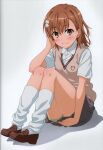  1girl absurdres breasts brown_eyes brown_hair closed_mouth full_body hair_ornament highres isshi_pyuma loafers looking_at_viewer loose_socks medium_hair misaka_mikoto pleated_skirt scan shadow shoes short_sleeves shorts sitting skirt small_breasts smile socks solo toaru_kagaku_no_railgun toaru_majutsu_no_index vest 