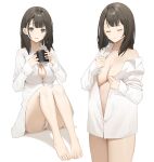  1girl absurdres anklet bare_legs barefoot black_eyes black_hair breasts commentary_request cup feet highres holding holding_cup jewelry long_hair looking_at_viewer medium_breasts no_bra original panties shirt simple_background toes underwear white_panties yuu_(yuu_ammy) 