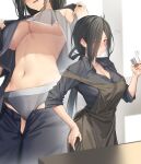  1girl apron black_apron black_hair blue_shirt breasts cleavage closed_mouth collarbone commentary_request cup grey_panties hand_on_own_hip highres holding holding_cup large_breasts long_sleeves looking_at_viewer multiple_views navel no_bra original pallad panties shirt short_hair standing underboob underwear 