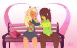 anthro bench bingbingo_(artist) blonde_hair blush bottomwear box_of_chocolates brown_body brown_fur brown_hair buckteeth candy chocolate clothing deer deltarune dessert duo eyes_closed feeding_each_other female food freckles fur green_clothing green_sweater green_topwear hair hair_over_eyes heart_box hi_res holidays human kris_(deltarune) long_hair mammal new_world_deer noelle_holiday pattern_clothing pink_background red_nose reindeer signature simple_background sitting sitting_on_bench skirt smile sweater teeth topwear undertale_(series) valentine&#039;s_day