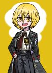  1girl :d absurdres black_coat black_pants blonde_hair brown_necktie coat collared_shirt don_quixote_(project_moon) hair_between_eyes hand_in_pocket highres koshou_shou_mitsu legs_apart limbus_company long_sleeves necktie open_clothes open_coat open_mouth pants project_moon round_teeth shirt smile solo standing teeth upper_teeth_only white_shirt yellow_eyes 