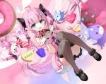 1girl :d ahoge artist_request black_footwear black_thighhighs blue_eyes blurry blurry_foreground bow braid brooch butterfly_wings candy chibi choppy_bangs doughnut dress earrings food full_body hair_ornament hairclip heart heart_ahoge heart_brooch heart_earrings highres insect_wings jewelry kokoromo_memory looking_at_viewer multicolored_hair phase_connect pink_bow pink_dress pink_hair pointy_ears purple_hair sidelocks sitting smile streaked_hair thighhighs twin_braids twintails two-tone_hair valentine virtual_youtuber wings wrist_cuffs xo 