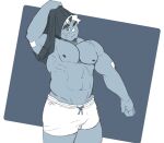  1boy abs akiha_gongen_(housamo) bandaid bandaid_on_face bandaid_on_nose bara bare_pectorals blue_theme bulge cowboy_shot facial_hair goatee groin horns huge_eyebrows inset_border large_pectorals looking_at_viewer male_focus monochrome multicolored_hair muscular muscular_male navel nipples one_eye_closed pectorals ragi_san_(ononokomachiimo) short_hair short_shorts shorts single_horn solo standing stomach strongman_waist thick_thighs thighs thighs_together tokyo_afterschool_summoners two-tone_hair undressing 