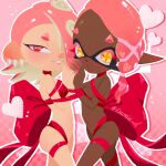  2girls artist_name bare_shoulders breasts cephalopod_eyes colored_eyelashes commentary dark-skinned_female dark_skin english_commentary eyelashes frye_(splatoon) hair_over_one_eye heart highres holding_hands long_hair long_pointy_ears looking_at_viewer medium_hair multiple_girls navel parted_lips pink_background pink_hair pointy_ears red_eyes shiver_(splatoon) smile splatoon_(series) splatoon_3 standing star-shaped_pupils star_(symbol) symbol-shaped_pupils teeth tentacle_hair thick_eyebrows twitter_username vincenciel wrapped_up yellow_eyes 