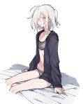  1girl ahoge androgynous azuma_shino black_jacket black_panties blue_eyes blush collarbone flat_chest heterochromia jacket nail_polish nowareno_(azuma_shino) original panties pointy_ears solo underwear wavy_mouth white_background white_hair 