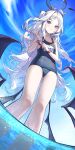  1girl absurdres ahoge blue_archive blush breasts demon_horns hair_ornament hairclip halo highres hina_(blue_archive) hina_(swimsuit)_(blue_archive) horns long_hair multiple_horns parted_bangs purple_eyes purple_halo sbgu school_swimsuit small_breasts solo swimsuit very_long_hair white_hair 