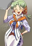  1girl bis_toratora breasts cross-laced_clothes dated earrings grandia grandia_i green_hair hair_net hair_ornament highres holding jewelry lily_(grandia) long_hair low-tied_long_hair open_mouth simple_background smile solo 