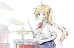  1girl ahoge blonde_hair blue_skirt bocchi_the_rock! bow bowtie breasts collared_shirt drum drum_set drumsticks holding holding_drumsticks ijichi_nijika instrument long_hair looking_at_viewer meijin_kusano open_mouth orange_eyes shirt side_ponytail sidelocks sitting skirt sleeves_rolled_up small_breasts smile solo speed_lines sweat upper_body white_background 
