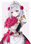  1girl :d absurdres apron armor blunt_bangs bouquet braid braided_bangs flower genshin_impact green_eyes grey_hair hair_flower hair_ornament highres holding holding_bouquet looking_at_viewer maid_apron nirako_mona noelle_(genshin_impact) open_mouth petals red_flower red_rose rose short_hair shoulder_armor smile solo white_apron 