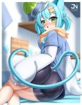  1girl animal_ears ass bike_shorts blue_headwear breasts cat_ears cat_girl green_eyes highres indie_virtual_youtuber indoors jnstudio krumroll long_hair looking_at_viewer looking_back lying medium_breasts on_side open_mouth scarf shirt short_sleeves short_twintails solo twintails virtual_youtuber 