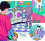  2boys absurdres animal animalization black_hair blonde_hair cat clothesline cm_wm commentary_request crocs english_text green_footwear grey_pants grey_shirt highres indoors kageyama_shigeo laundromat laundry laundry_basket long_sleeves looking_at_another male_focus mob_psycho_100 multiple_boys open_mouth pants pink_shirt reigen_arataka shirt short_hair smile spirit standing unworn_socks washing_machine 