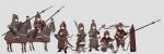  6+girls armor axe barding bow_(weapon) brown_horse cavalry chinese_empire crossbow dao fangdan_runiu full_armor helmet highres holding holding_polearm holding_weapon lamellar_armor military multiple_girls original plume polearm saddle shield song_dynasty stirrups_(riding) weapon white_horse 