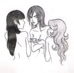  angry avatar:_the_last_airbender avatar_(series) azula back blush from_behind greyscale hair_brush long_hair looking_back lowres mai_(avatar) monochrome multiple_girls nickelodeon nude ty_lee 