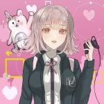  1girl :d absurdres bow breasts brown_hair collared_shirt controller danganronpa_(series) danganronpa_2:_goodbye_despair diaper ear_bow flipped_hair hair_ornament highres holding holding_controller jacket long_sleeves looking_at_viewer medium_hair monomi_(danganronpa) nanami_chiaki neck_ribbon open_clothes open_jacket pink_eyes ribbon shirt smile spaceship_hair_ornament teeth upper_body upper_teeth_only white_shirt zuuin 