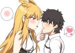  1boy 1girl absurdres after_kiss bare_shoulders black_hair blonde_hair blue_eyes blush breasts caravthir fate/grand_order fate_(series) fujimaru_ritsuka_(male) hand_on_another&#039;s_chin head_wings heart highres large_breasts red_eyes saliva saliva_trail thrud_(fate) tongue tongue_out valkyrie_(fate) wings 