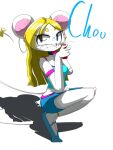 anthro black_cat_sir blonde_hair blue_clothing blue_sclera bow_knot clothing eating female footwear hair mammal mouse murid murine rodent shoes the_bow_knot_on_the_tail vervel