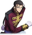  1boy arm_behind_back artist_request bangs_pinned_back black_footwear black_hair blue_eyes clenched_hands closed_mouth code_geass code_geass:_lost_stories forehead game_cg gilbert_guilford glasses gloves hair_tie jacket long_hair long_sleeves male_focus military_uniform non-web_source official_art on_one_knee pants ponytail red_jacket rimless_eyewear sash serious shoes sidelocks simple_background solo transparent_background uniform white_gloves white_pants 