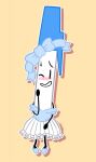 2019 animate_inanimate blue_clothing blue_footwear blue_shoes blush bodily_fluids clothed clothing crossdressing dress footwear hi_res male not_furry off_shoulder pen_(bfdi) picaipii ribbons shoes solo stick_limbs sweat sweatdrop
