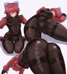  1girl akatsuki_records alternate_costume ass black_bodysuit black_gloves blue_bow blush bodysuit bow breasts commentary_request covered_navel full_body gloves highres long_sleeves looking_at_viewer looking_to_the_side lying medium_bangs medium_breasts multiple_views on_back red_eyes red_hair red_shirt rock_&#039;n&#039;_rock_&#039;n&#039;_beat seiza sekibanki shirt short_hair shrug_(clothing) sitting touhou white_background wiaxixia 