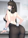  1girl absurdres alternate_costume animal_ears ass backless_leotard black_bow black_hair black_pantyhose blurry blurry_background blush bow bowtie breasts collar entogman fake_animal_ears fake_tail from_behind girls&#039;_frontline heterochromia highres jewelry leotard long_hair looking_at_viewer looking_back multicolored_hair orange_eyes pantyhose playboy_bunny rabbit_ears rabbit_tail ring ro635_(girls&#039;_frontline) smile streaked_hair tail wedding_ring white_hair wrist_cuffs yellow_eyes 